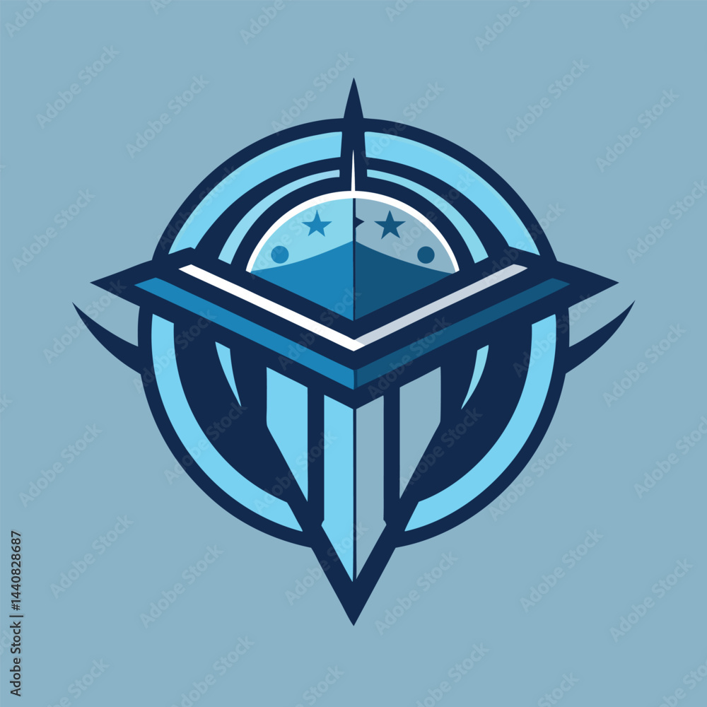 Poster futuristic minimalist logo design with geometric shapes and blue tones showcasing a stylized emblem 