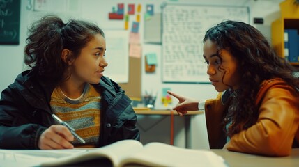A teacher mentoring a student at a desk, pointing at an open textbook, with a whiteboard in the background.