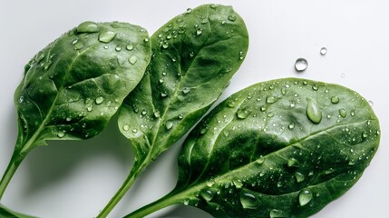 Fresh spinach leaves with water droplets on white background
