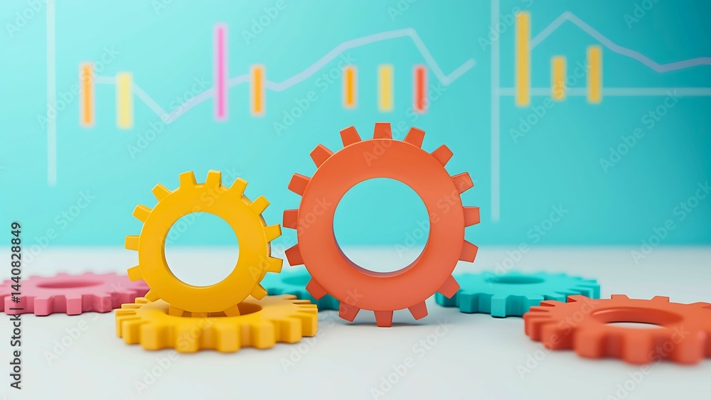 Poster a collection of colorful gears interlocked and set against an informative financial graph in the bac