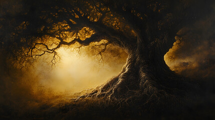 A detailed painting of an old tree, its roots deep in the ground, symbolizing wisdom, strength, and endurance over time.