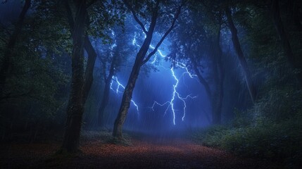 Fototapeta premium Mysterious Forest at Night with Striking Lightning and Fog