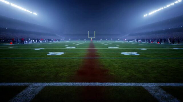 Panoramic view of illuminated football field with marked yard lines and goalposts under dramatic stadium lights

