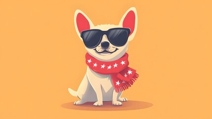 Cool Dog Cartoon: A cool cartoon dog wearing sunglasses and a vibrant scarf, radiating an aura of effortless cool. A blend of modern style and charming cuteness.