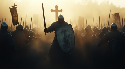 Knight in armour with sword and shield during a battle with a Christian cross behind him in the mist.