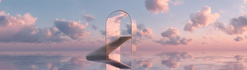 Obraz premium A giant archway structure floating above a sea of clouds, offering a sense of wonder and anticipation. The structure is made of a gleaming metallic material.