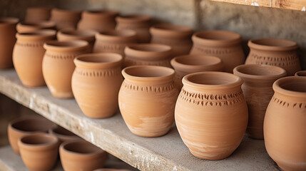 Clay pots drying on shelves in workshop