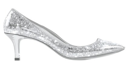 Sparkling, glass-like high-heeled shoes, profile view.