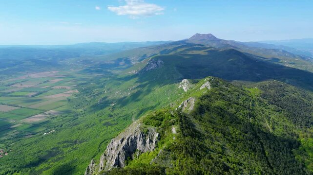 Aerial view of Sisol peak near Brseč, offering stunning views of Učka(Ucka) Nature Park, the Adriatic Sea, and Rijeka city. A beautiful hiking destination on the eastern coast of Istria, Croatia