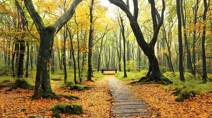 Fototapeta premium A serene autumn forest with sunlight filtering through the trees, casting shadows on the ground covered in fallen leaves. A wooden bridge is visible in the background, enhancing the picturesque scene