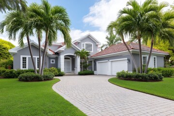 Elegant Gray House with Red Roof and Palm Trees - Luxurious home, gray walls, white trim, red tile roof, lush landscaping, and palm trees. Symbolizes sophistication, comfort, tropical paradise