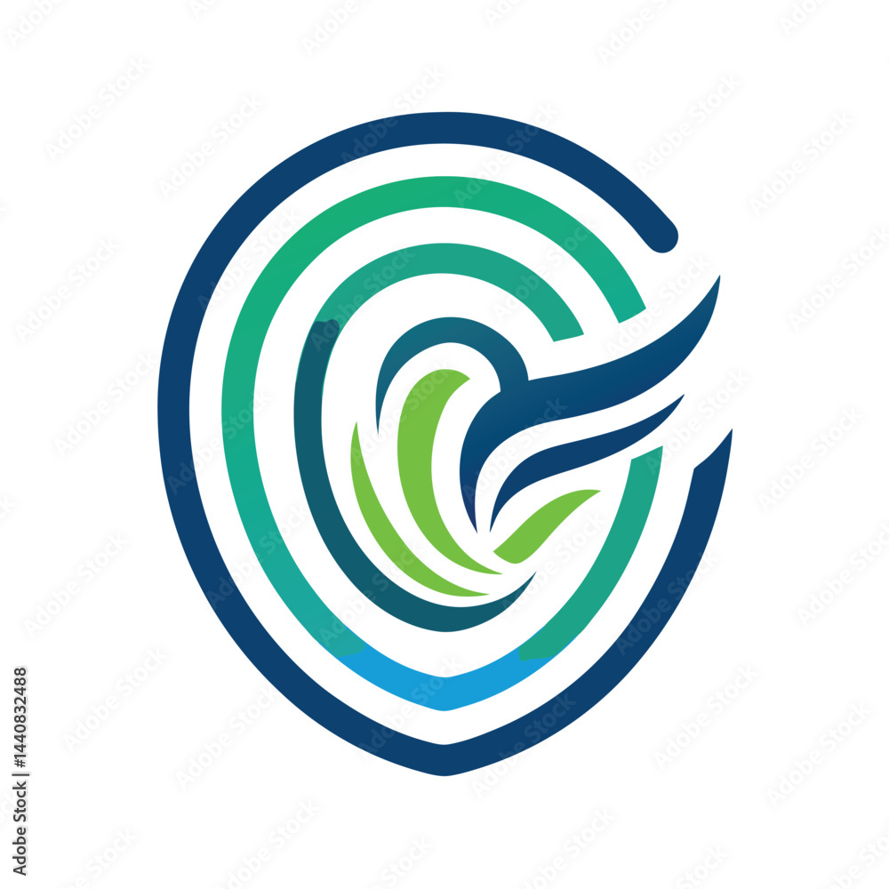 Poster elegant and modern biometric security logo featuring abstract circular elements and a dynamic wave d