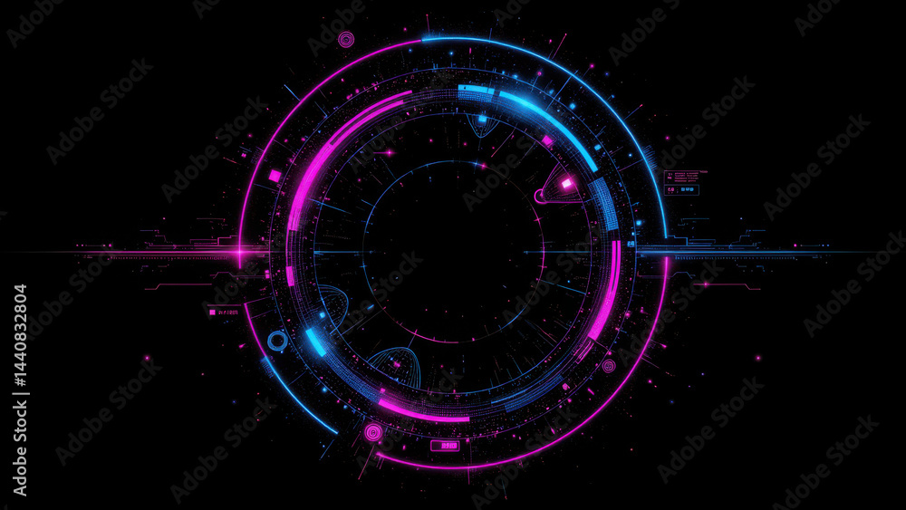 Poster futuristic atomic logo design with a vibrant color scheme.