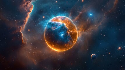 Vibrant Cosmic Sphere in Deep Space with Blue and Orange Glow, Celestial Wonders and Stars All Around