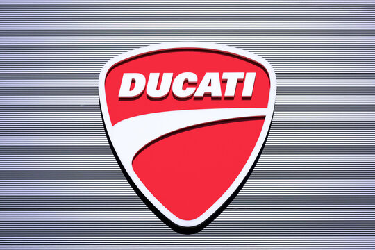 Poznan, Poland - April 28, 2025: Ducati logo on a dealership - Ducati is an Italian motorcycle manufacturing company headquartered in Bologna.
