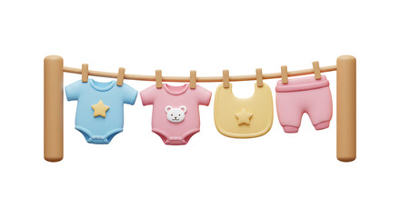 Stylized baby clothesline artwork displaying a variety of baby apparel