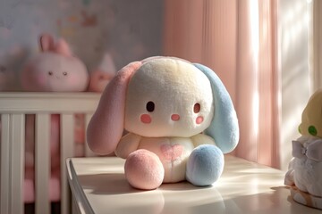 Adorable pastel plush toy bunny sitting on a table in a nursery. Soft, fluffy texture and sweet expression.