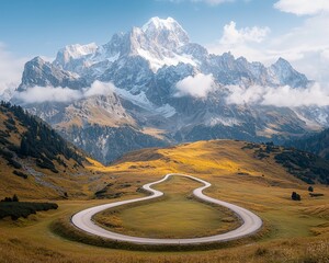 Winding road through alpine meadow, majestic mountain peak in the background
