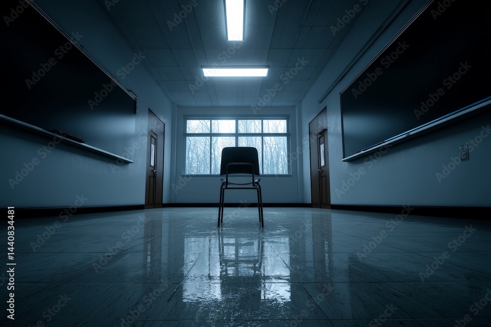 Poster empty classroom chair - a single chair sits in the middle of an empty classroom, reflecting in the w