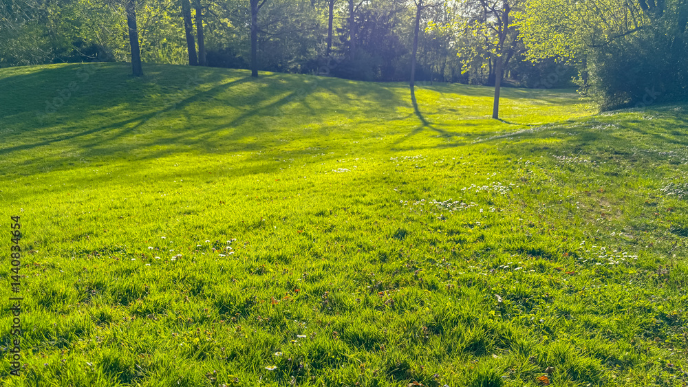 Poster lush green grass illuminated by sunlight in a tranquil park setting during the early afternoon hours