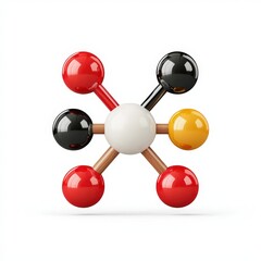 Obraz premium A stylized molecular model with colored spheres connected to a central white sphere, representing atoms and bonds on a white background.