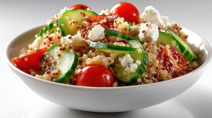 a fresh bowl of quinoa salad with cucumber, cherry tomatoes, and feta cheese on a white isolated background, healthy and colorful design