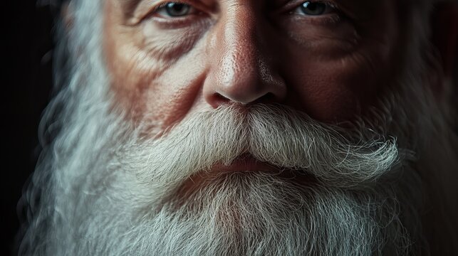 Close up portrait of a man with a long white beard and mustache looking directly at the camera lens