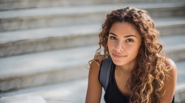 A young woman with curly brown hair sits on a set of concrete stairs, looking thoughtfully at the camera. The natural lighting and her soft expression create a sense of calm and introspection.