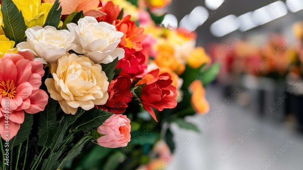 Poster artificial flower making concept, wide angle view of a colorful display of artificial flowers in a w