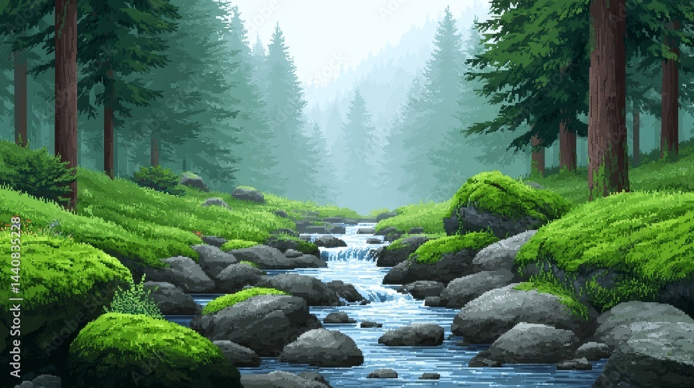 Aufkleber enchanting pixel forest stream - serene pixel art depicting a tranquil forest stream flowing through