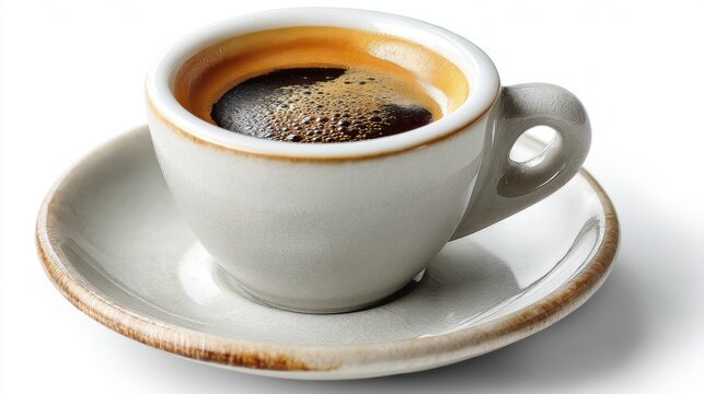 a fresh cup of espresso with a rich crema on top, served in a sleek porcelain cup on a white isolated background, bold and aromatic design