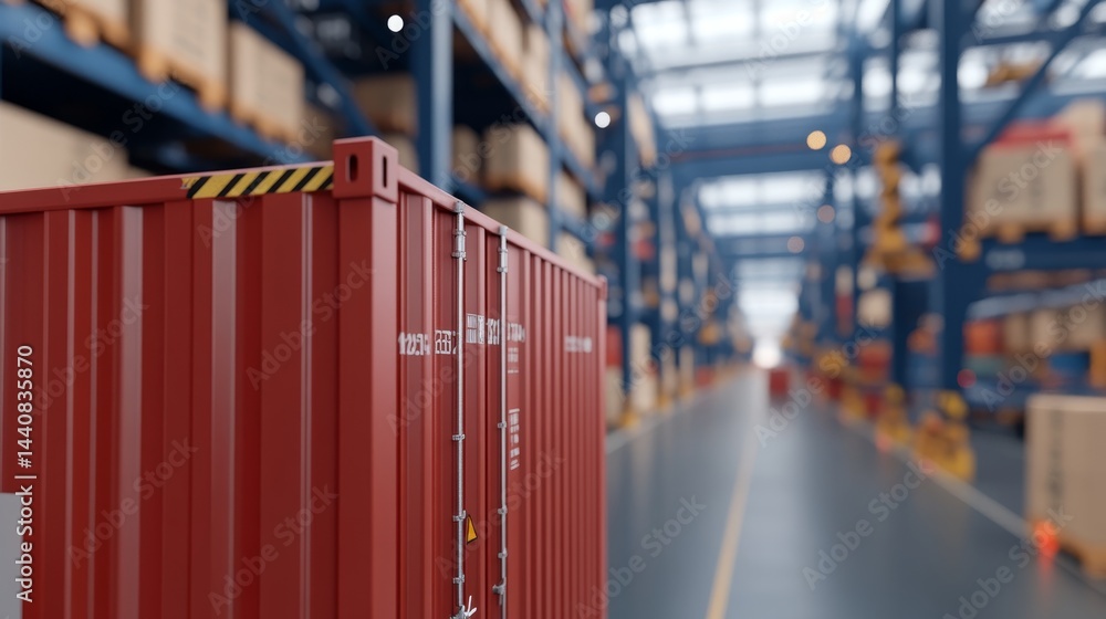 Poster red shipping container in large warehouse with racking in industrial setting