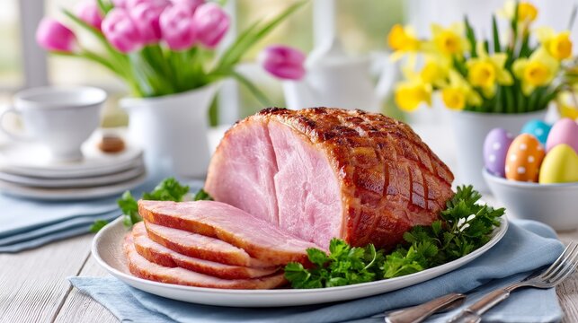 Festive Easter Ham Dinner - A delicious glazed ham, Easter eggs, spring flowers, and a celebratory table setting symbolize family, tradition, spring, new beginnings, and abundance
