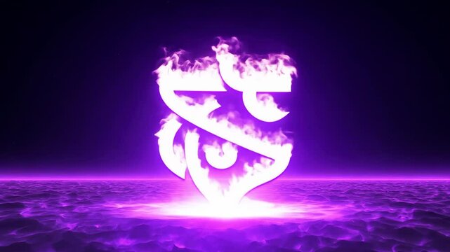 Fiery burning emblem with bright flames rising on dark dramatic background