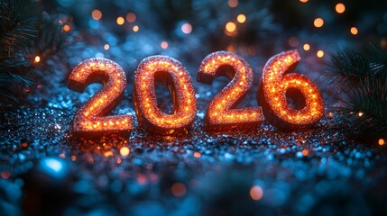 Glittering 2026 sign amid sparkling lights in festive blue atmosphere