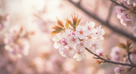 Obraz premium Blooming Cherry Branch with Delicate Pink Flowers in Soft Light