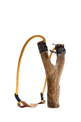 rustic wooden slingshot made with rubber and leather strips