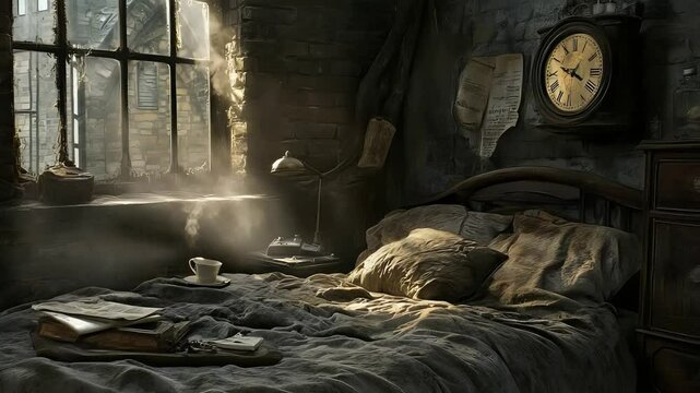 Sunlit abandoned bedroom with dusty bed linens, scattered papers and vintage clock beneath a broken industrial window


