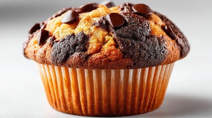 a delicious homemade chocolate chip muffin with a golden crust on a white isolated background, warm and sweet design