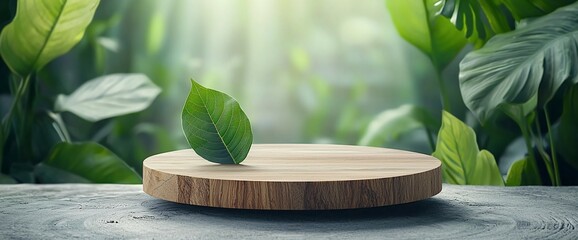 Wooden display platform amidst lush greenery