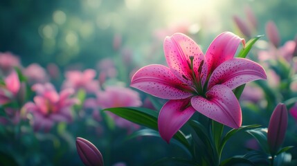 Pink lilies in a garden, soft focus