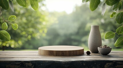 Wooden display podium in a natural outdoor setting