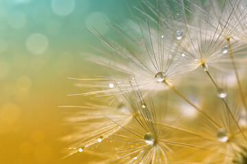 Naklejka premium Close-up of a dandelion exhibiting a dreamy and delicate appearance, highlighting the macro details of its white fluffy seeds and the abstract texture of nature.