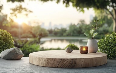 Wooden platform in a park setting.  Peaceful display