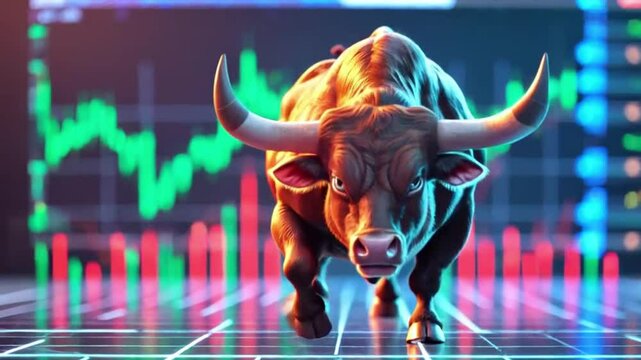 Digital animation of a bull charging against a stock market graph background