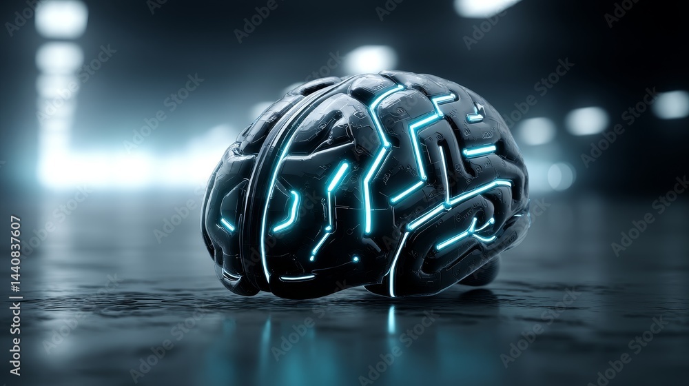 Poster futuristic ai brain neural network - cybernetic brain, glowing circuits, artificial intelligence, te