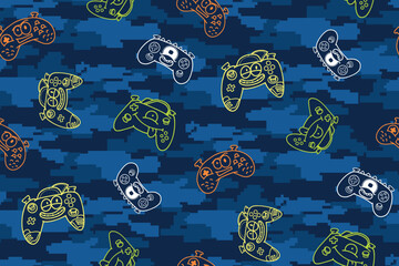 Gamer graffiti background with cartoon kids game pad vector illustration pixel camouflage pattern wall in blue colors. Retro video game elements. Game pads seamless pattern. © Kseniia Koval