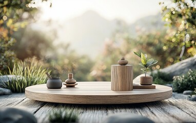 Wooden platform with tea accessories in a serene garden setting
