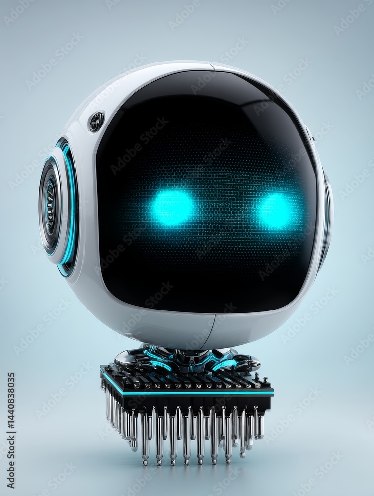 Poster futuristic robot head on circuit board - a sleek white robot head with glowing cyan eyes rests atop 