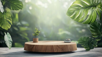 Wooden podium in a lush, tropical setting